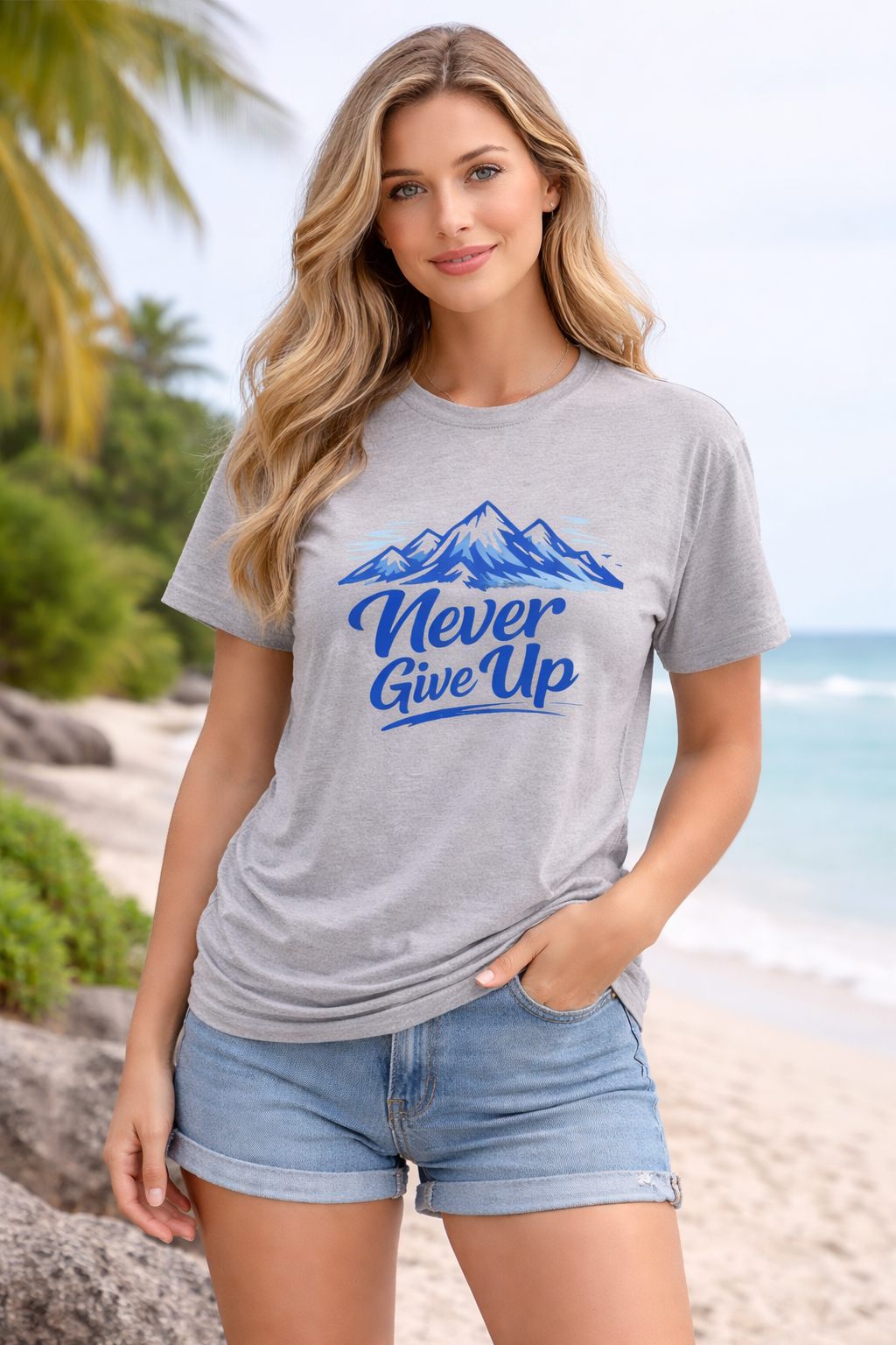 Never Give Up” Mountain Graphic T-Shirt – grey melange