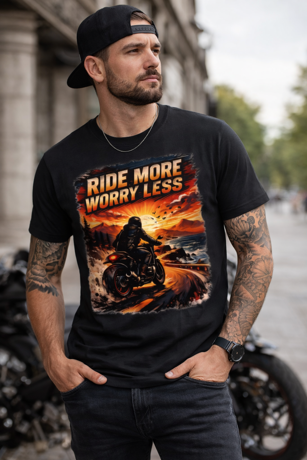 A Ride More Worry Less Graphic Printed T-Shirt – Black