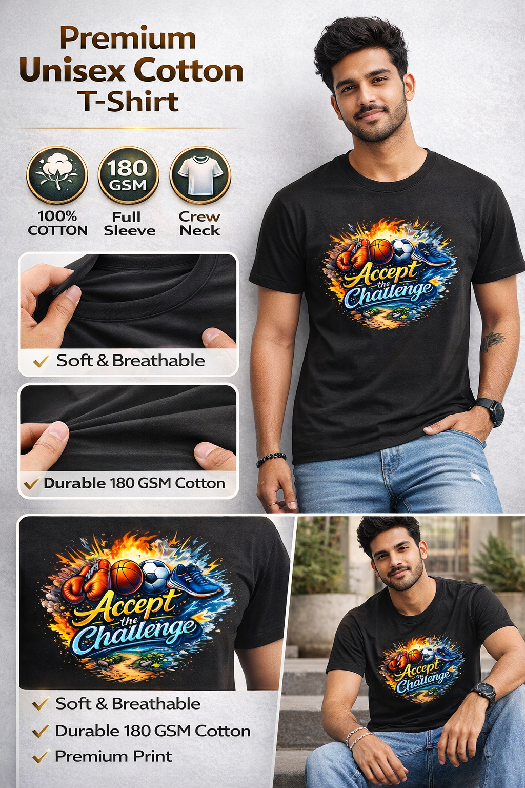 Accept The Challenge Graphic Printed T-Shirt – Black