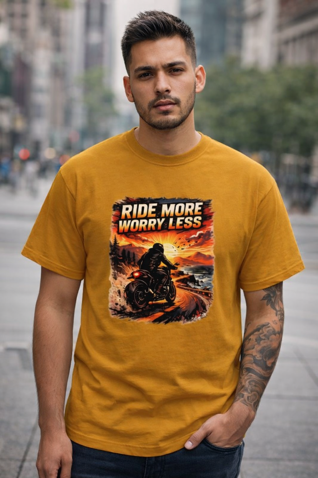 A Ride More Worry Less Graphic Printed T-Shirt – Mustard Yellow
