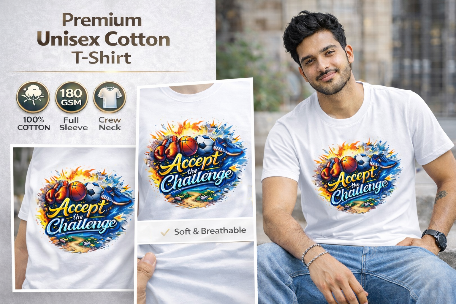 Accept The Challenge Graphic Printed T-Shirt – White