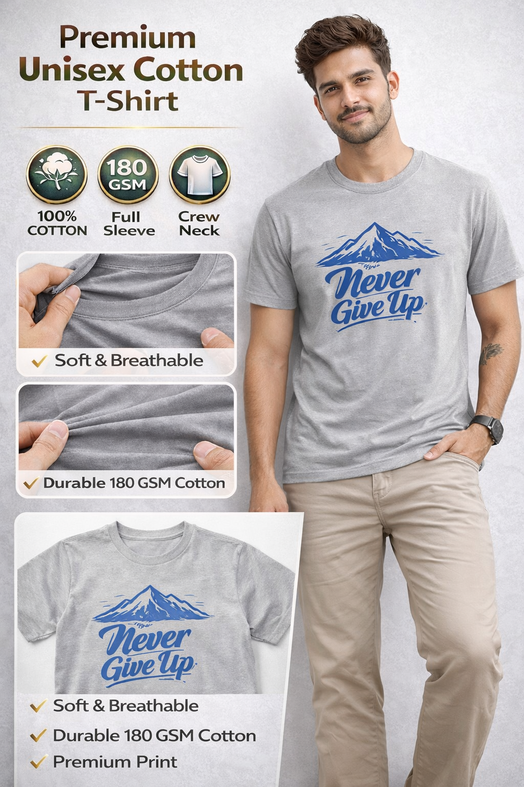 Never Give Up” Mountain Graphic T-Shirt – grey melange